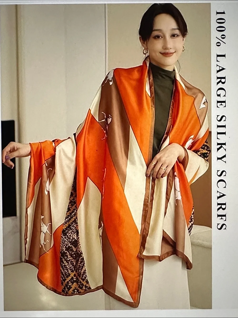 Silk-Feel Orange & Cream Women's Scarf Wrap